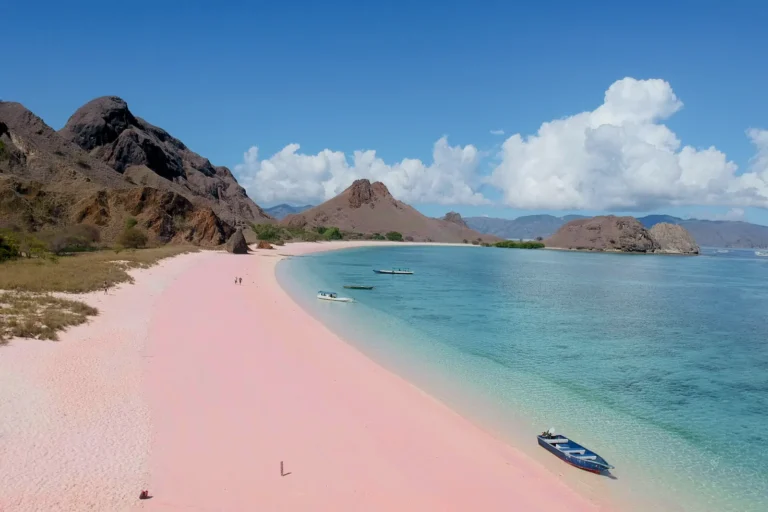 Close-up view of soft pink sands blending with clear blue waters.