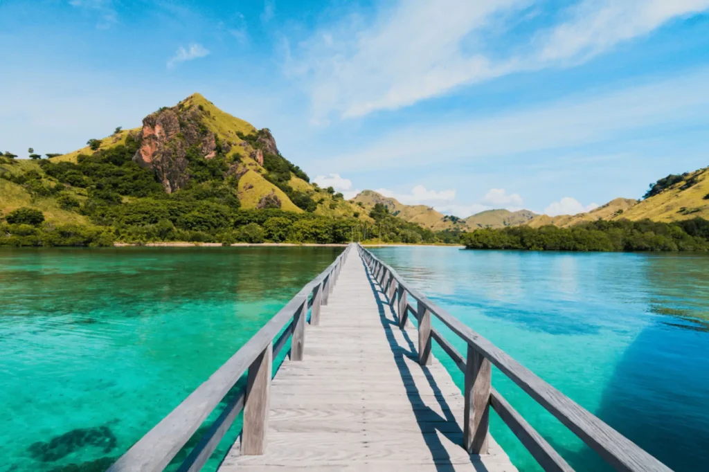 View of Manjarite Beach taken from the edge of its wooden dock.