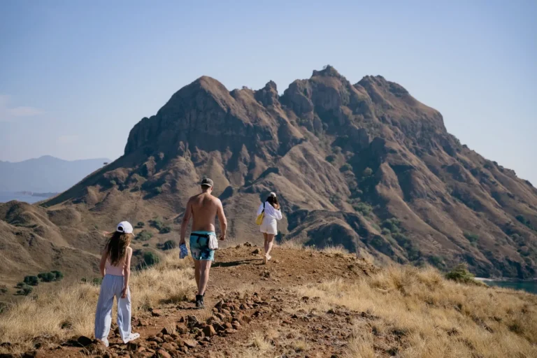 Family heading to a scenic cliff edge to snap photos on Padar.