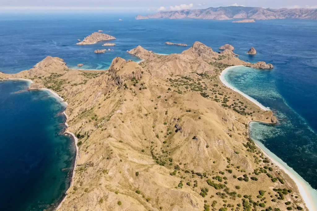 Aerial photo of Padar Island taken from the skies above Pink Beach.